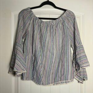 Solitaire Pastel Striped Off-The-Shoulder Bell Long Sleeve Blouse 100% Cotton M